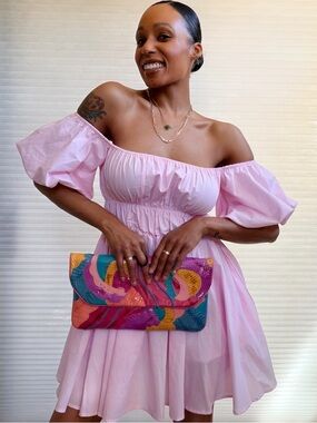 Navorendi Pink Puff Sleeve Babydoll Dress